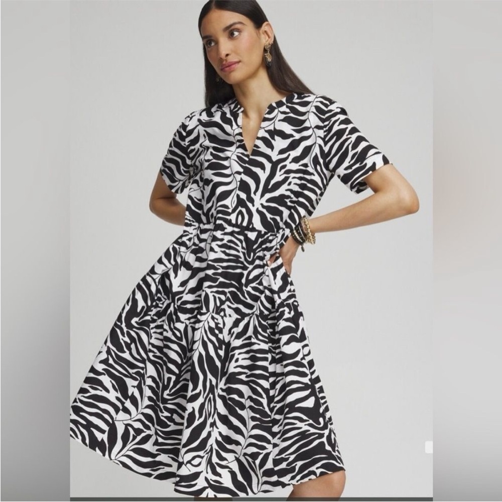 Black And White Poplin palm Dress split neck side pockets beach summer cotton